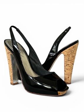 BeBe Black Patent Leather Peep-Toe Slingback Cork High Heel Sandals Size 9